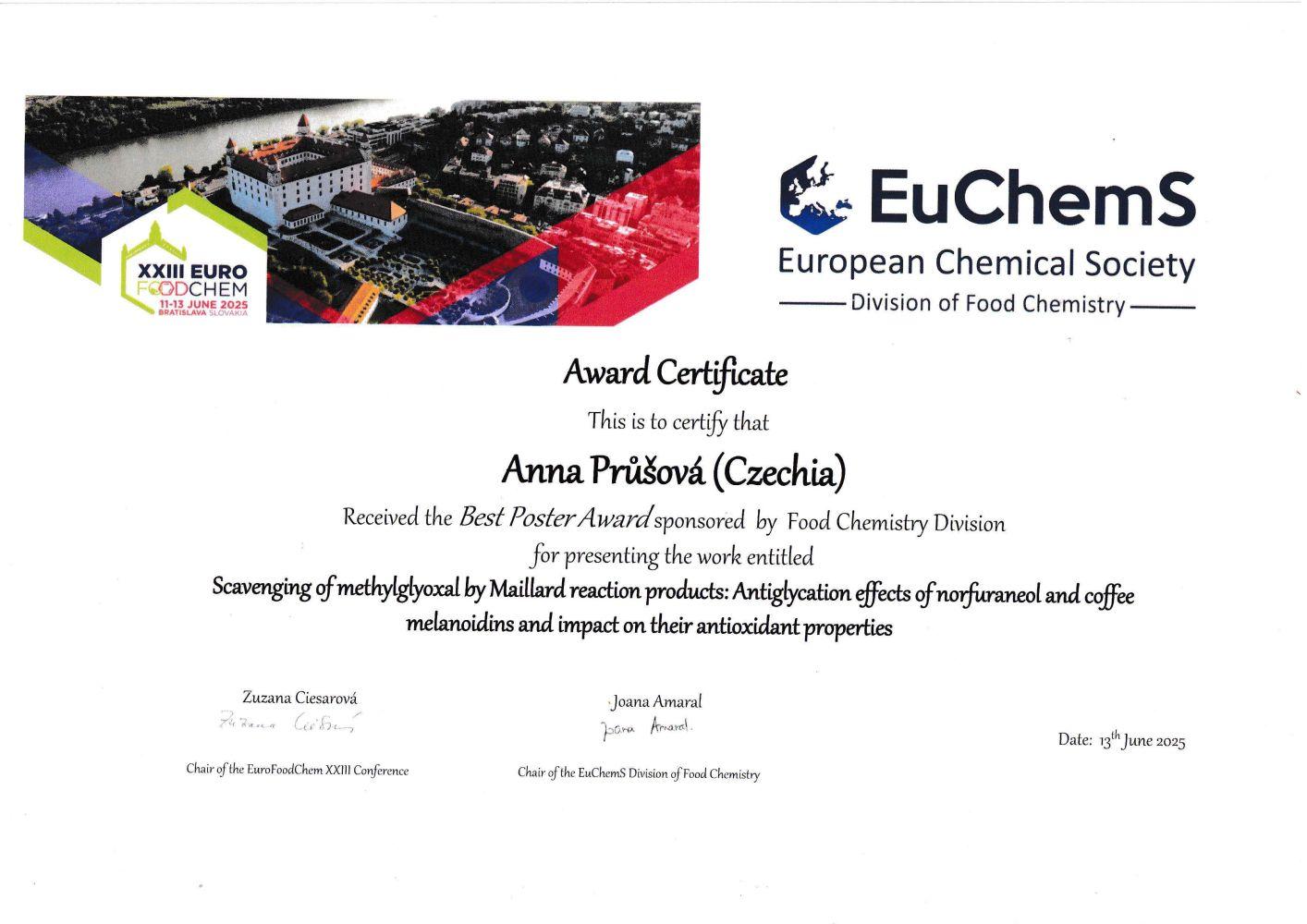 EuroFoodChem 2025 Best Poster Award získala Anna Průšová