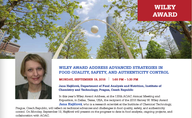 Prof. Jana Hajšlová získala ocenění asociace AOAC Harvey W. Wiley  Award 2016